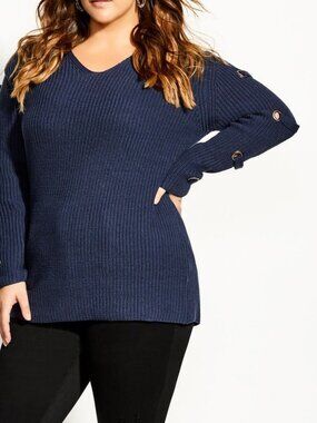 City Chic Navy Blue Grommet Sleeve Ribbed V-Neck Knit Sweater Plus Size 24 NWT